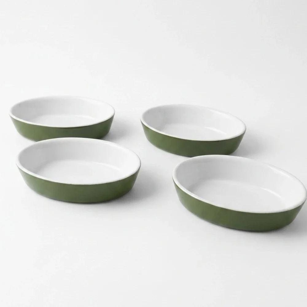 Vintage Hall China 571 1/2 Olive Green Oval Individual Bakers Casserole Set of 4